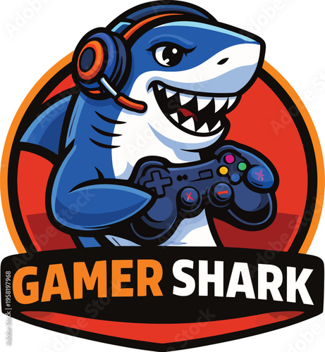 A funny cartoon monster shark illustration featuring a cute mascot character with sharp teeth and zombie vampire elements in a vector drawing art style