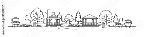 Park picnic area with pavilions and grills alongside skyline