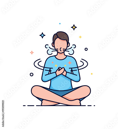 Breathing exercises for stress relief illustrated by a person seated cross-legged, subtle curved motion lines around chest and tiny stars suggesting rhythmic
