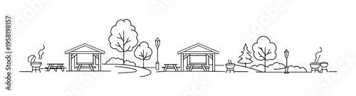 Open park shelters and grills with walking path and trees