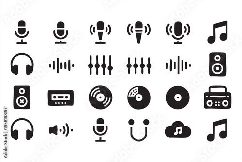 Audio and Music Line Icons Featuring Sound Equipment and Recording Tools