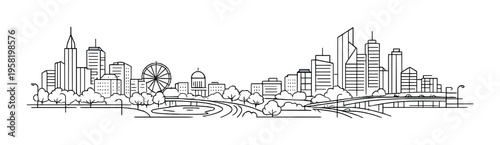 City skyline with ferris wheel and park along highway