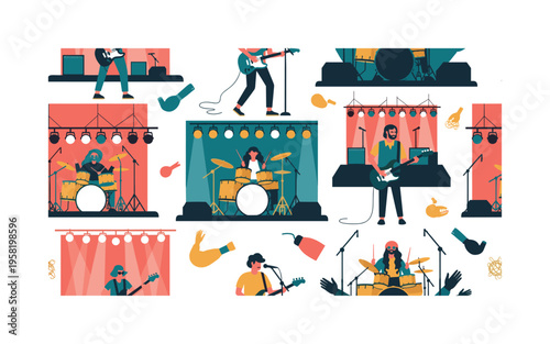 rock concert pattern seamless pattern, performers on stage, guitars, drums, microphones, stage lighting and fans arranged in a repeating pattern, white