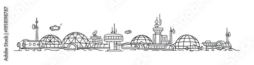 Futuristic dome settlement with aerial vehicles over plain