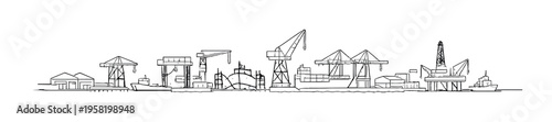 Cranes and vessels along industrial port with offshore rig