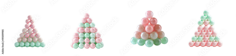 Fototapeta premium Pyramid stacks of pink and green macarons arranged in triangular shapes isolated on transparent background