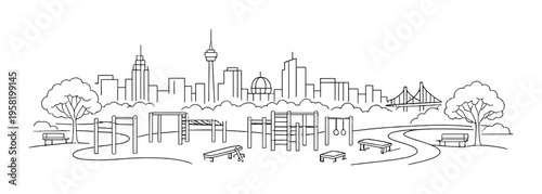 Outdoor obstacle course and bars in park with city skyline