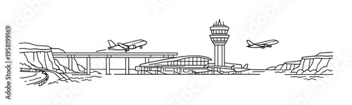 Airport terminal with planes taking off and control tower over water