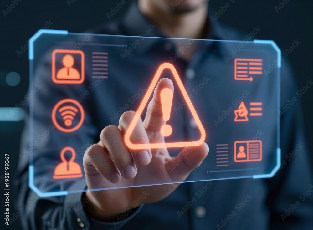 Fototapeta premium Business hand touching warning alert icon on futuristic digital interface for risk and cybersecurity concept