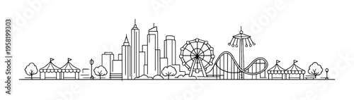 Amusement park ferris wheel and roller coaster near city skyline