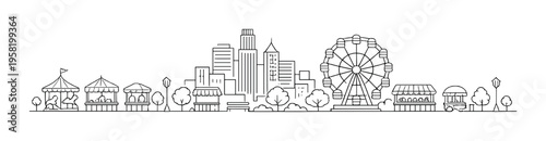 Amusement park rides and booths arranged along city park