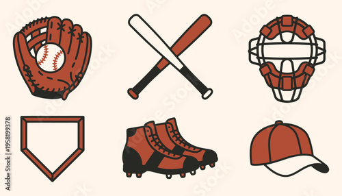 Vintage style baseball equipment icon set isolated on white background