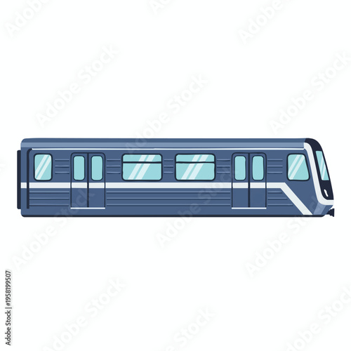 A blue commuter train with light blue windows and silver trim against a white background