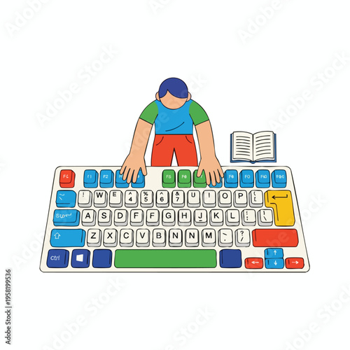 Cartoon figure with hands on keyboard, book nearby. Keys are colorful