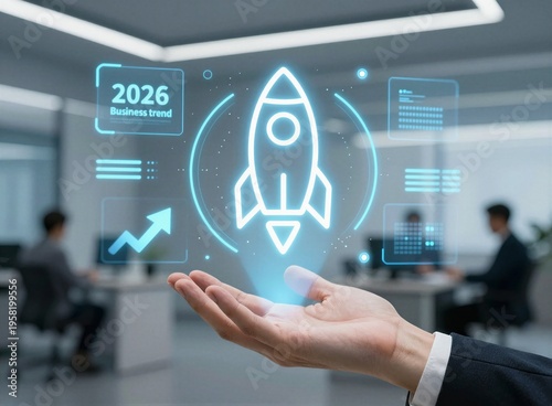 Business hand presenting rocket launch hologram for startup growth and business success concept