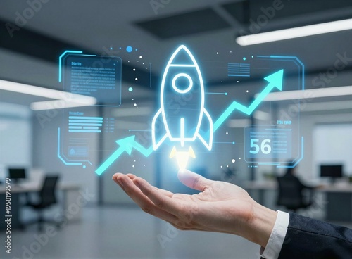 Business hand presenting rocket launch hologram for startup growth and business success concept