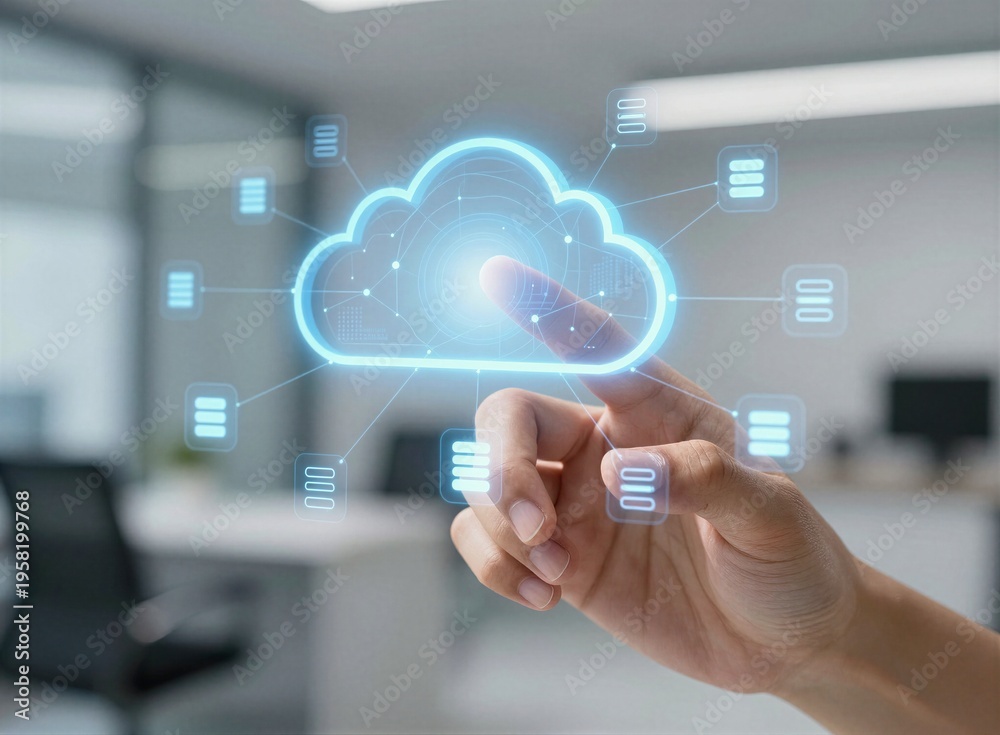 Fototapeta premium Business hand touching cloud computing and digital network interface on virtual screen