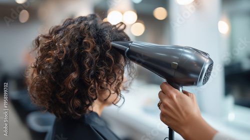 Close-up of hands (faceless) using a hair dryer with a diffuser attachment on coily hair, Styling Process, sharp focus on the heat waves and hair definition, bright salon lighting,