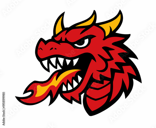 Fierce dragon head mascot with flames, red scales, and golden horns in a dynamic fantasy style. Striking emblem for gaming teams, sports branding, stickers, or powerful myth designs.
