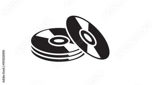 Discs stack with a single disc tilted, solid black icon design, representing digital media storage and data.