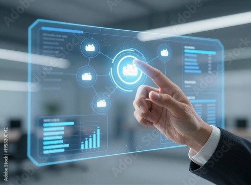 Business hand touching innovation technology interface with growth chart on virtual screen