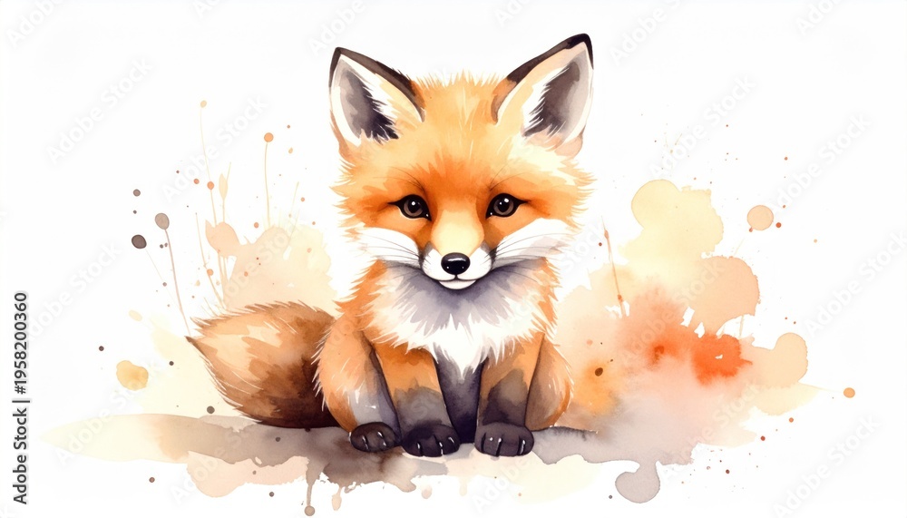 Obraz premium Adorable Watercolor Fox Cub Illustration on White Background.
