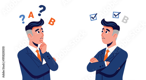 Two businessmen with thoughts of uncertainty and certainty