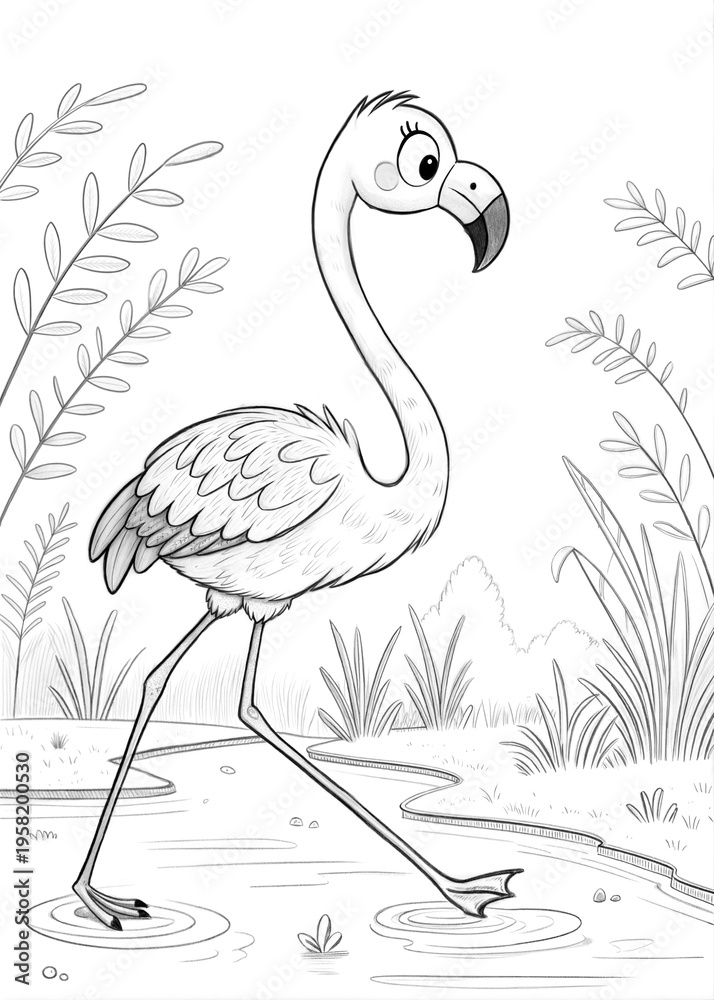 Fototapeta premium Cute Flamingo Outline Sketch for Children's Coloring Book 