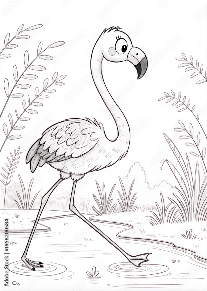 Fototapeta premium Cute Flamingo Outline Sketch for Coloring Book 