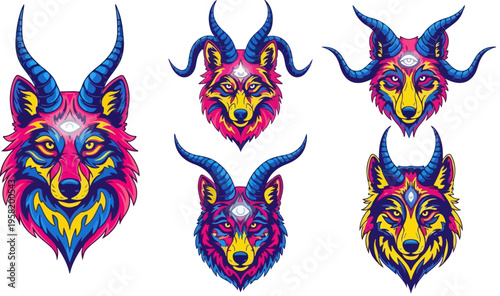Set of 5 psychedelic horned animal heads vector illustrations with vibrant neon colors and mystical third eye