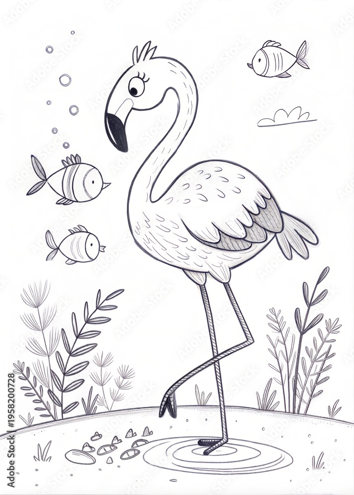 Fototapeta premium Cute Flamingo Outline Sketch for Children's Coloring Book 