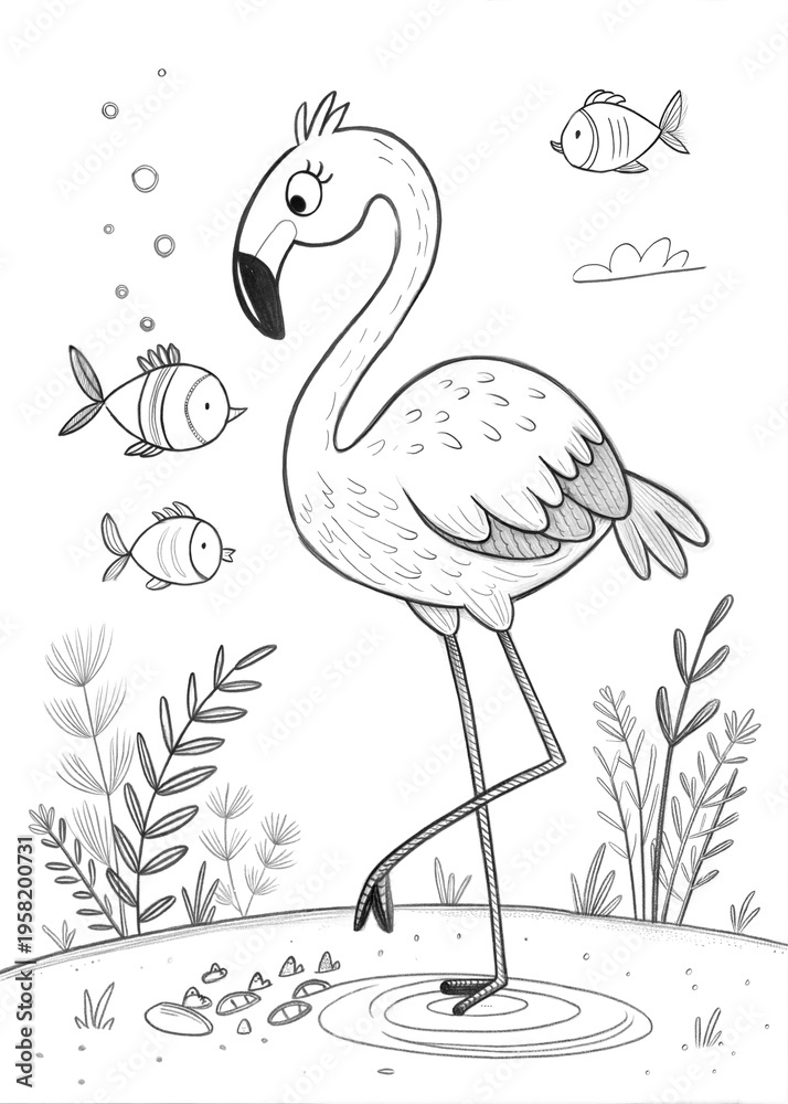 Fototapeta premium Cute Flamingo Outline for Children's Coloring Book 