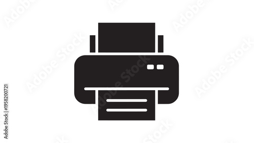 Printer icon with paper output slot and ink cartridge holder in solid black silhouette for technology concepts.