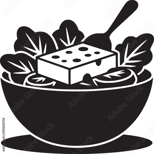 A black and white graphic of a salad in a bowl with cheese and a spoon ready to be eaten soon