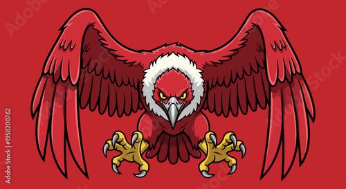 Aggressive Red Vulture Mascot Vector Illustration with Spread Wings and Sharp Talons on Red Background