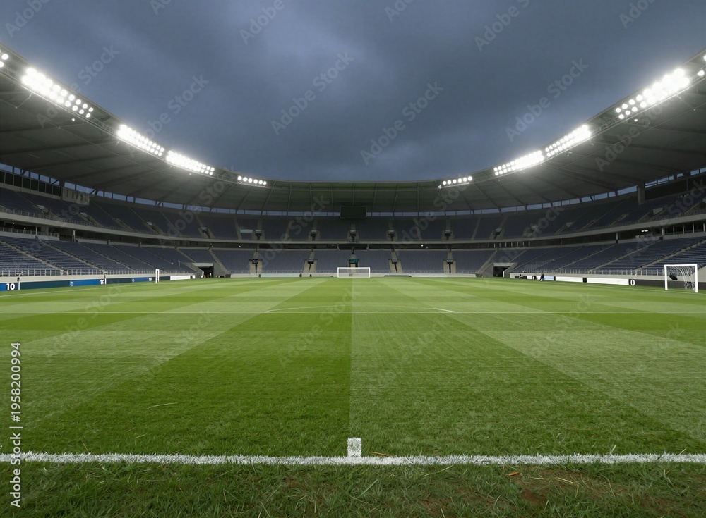 Fototapeta premium Empty soccer stadium with green football field under dramatic stormy sky