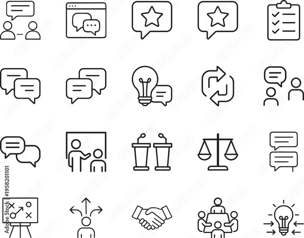 Fototapeta premium A collection of black and white icons representing communication and business