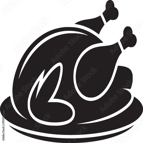 A black and white silhouette of a roasted turkey on a plate ready to be served for thanksgiving day