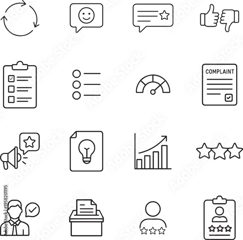 A collection of black and white icons related to customer feedback