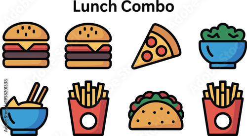 Colorful flat vector seafood icon set featuring fish shrimp crab octopus sushi and salmon for restaurant menu design.