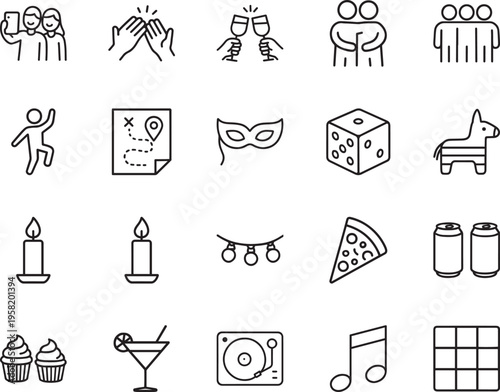 A collection of black line icons for party and celebration