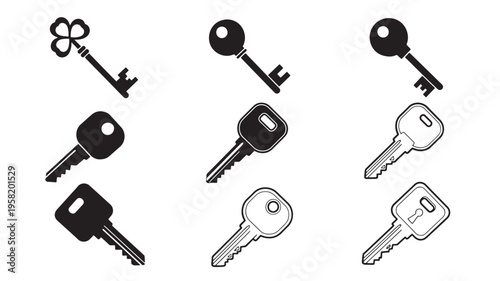 Keys classic and modern designs with varying bow shapes and bit patterns on a white background, presented as a graphic element