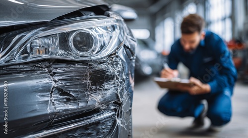 Front side of damaged car with scraped bumper and headlight, assessor inspecting and noting damage for insurance claim and car damage repayment.