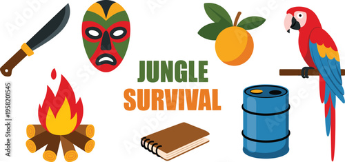 Colorful flat vector jungle survival icon set featuring a parrot tribal mask campfire machete and adventure gear.
