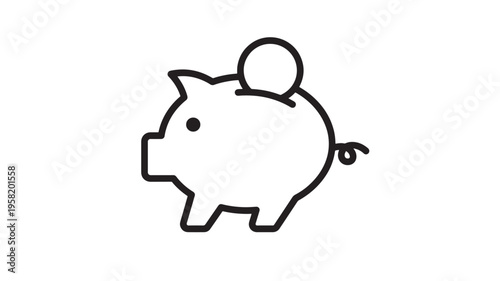 Piggy bank coin icon with a curved tail and a simple, bold black outline, representing saving. featuring money, finance, banking with investment and