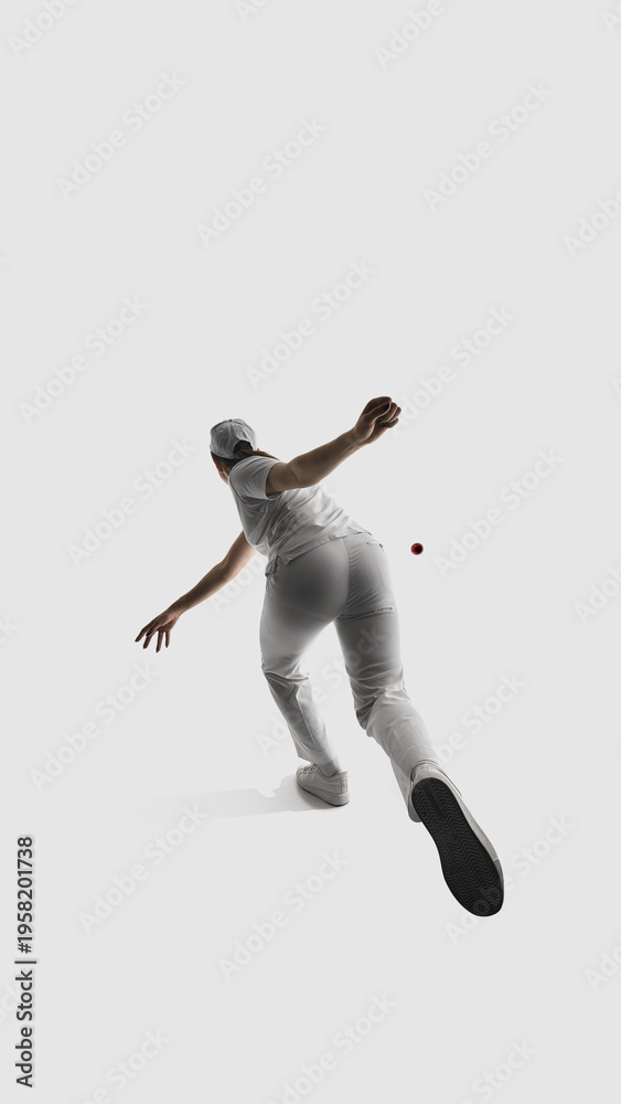 Fototapeta premium Female cricket player back view during bowling motion isolated on white. Concept of sports broadcast graphics, live match visuals, highlight packages, cricket media production content.