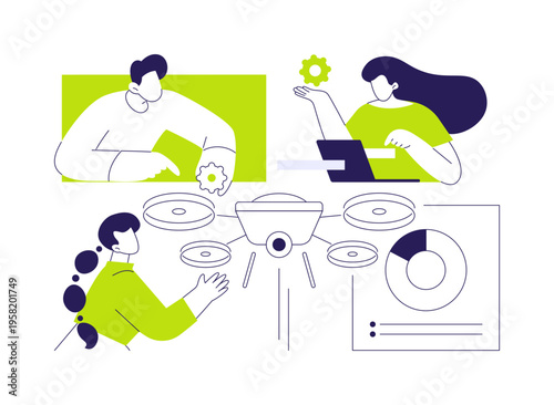 Flying robot drones isolated cartoon vector illustrations.