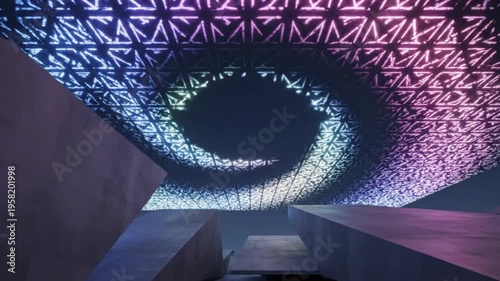 Low-angle shot of a futuristic interior with a colorful, geometric-patterned ceiling and a dark, tunnel-like passageway leading to a bright light, with a mix of purple, blue, and pink hues.