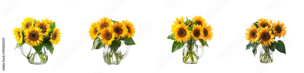 Obraz premium Bright yellow sunflower bouquets in clear glass vases for summer floral isolated on transparent background