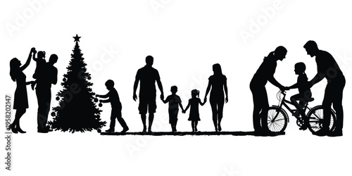 Family silhouettes decorating a christmas tree